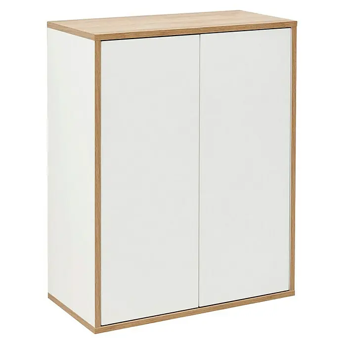 Fackelmann Finn Bad-Midischrank - B x T x H: 600 x 305 x 750 mm, Ast-Eiche, Weiß - Ein moderner weißer Holzschrank mit zwei Türen und hellen Holzrahmen, ideal für stilvolle Aufbewahrung in jedem Raum.