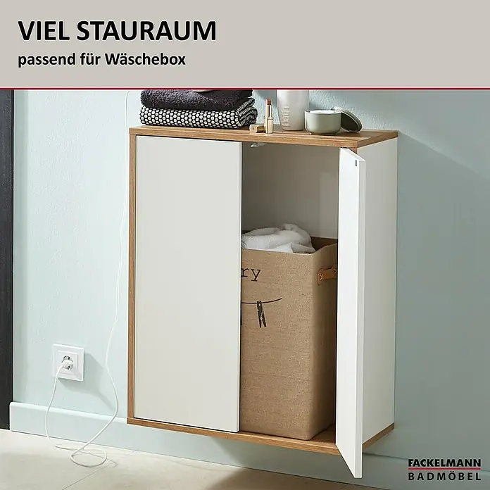 Fackelmann Finn Bad-Midischrank - B x T x H: 600 x 305 x 750 mm, Ast-Eiche, Weiß - Möbelstück mit viel Stauraum, passend für Wäscheboxen. Das offene Fach zeigt einen Wäschekorb und Handtücher, ideal fürs Badezimmer.
