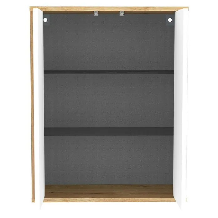 Fackelmann Finn Bad-Midischrank - B x T x H: 600 x 305 x 750 mm, Ast-Eiche, Weiß - Innenansicht eines offenen Wandschranks mit Holzrahmen, weißen Seiten und grauen Regalböden für eine moderne Optik.