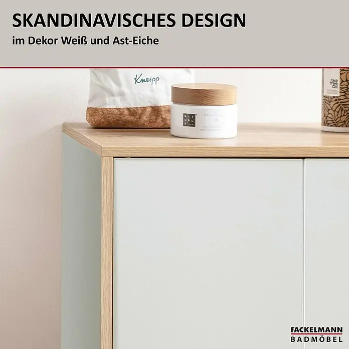 Fackelmann Finn Bad-Midischrank - B x T x H: 600 x 305 x 750 mm, Ast-Eiche, Weiß - Skandinavisches Design im Dekor Weiß und Ast-Eiche. Der Badschrank von Fackelmann ist eine stilvolle und funktionale Ergänzung für jedes Badezimmer.
