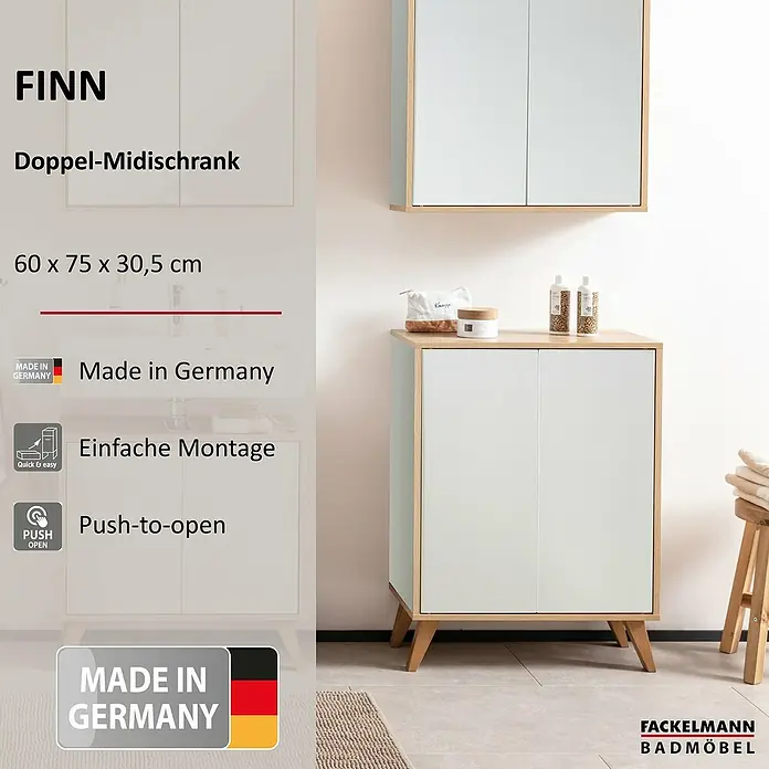 Fackelmann Finn Bad-Midischrank - B x T x H: 600 x 305 x 750 mm, Ast-Eiche, Weiß - Badezimmermöbel-Set FINN mit einem Doppel-Midischrank in Weiß und Holzoptik, bestehend aus einem Hänge- und einem Unterschrank.