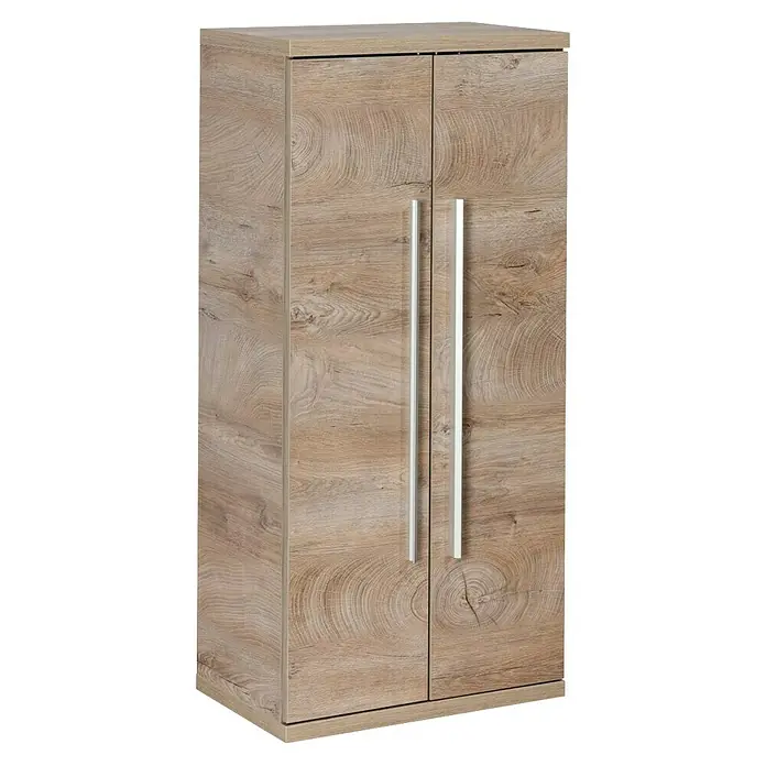 Fackelmann Stanford Bad-Midischrank - B x T x H: 502 x 320 x 1.060 mm, Nature Oak - Ein moderner Holzschrank mit zwei Türen und silbernen Griffen. Ideal für zusätzlichen Stauraum im Schlaf- oder Wohnzimmer.