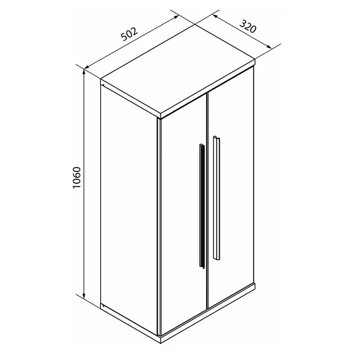 Fackelmann Stanford Bad-Midischrank - B x T x H: 502 x 320 x 1.060 mm, Nature Oak - Abbildung eines Schranks mit zwei Türen und Griffen. Die Maße sind angegeben.