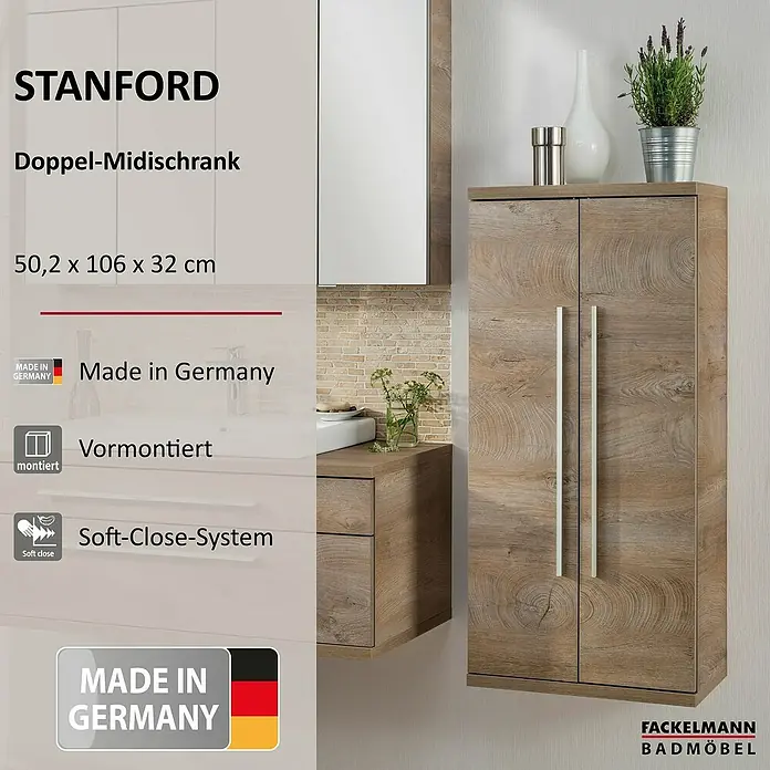 Fackelmann Stanford Bad-Midischrank - B x T x H: 502 x 320 x 1.060 mm, Nature Oak - Abbildung eines Fackelmann Badmöbel Stanford Doppel-Midischranks in Holzoptik.