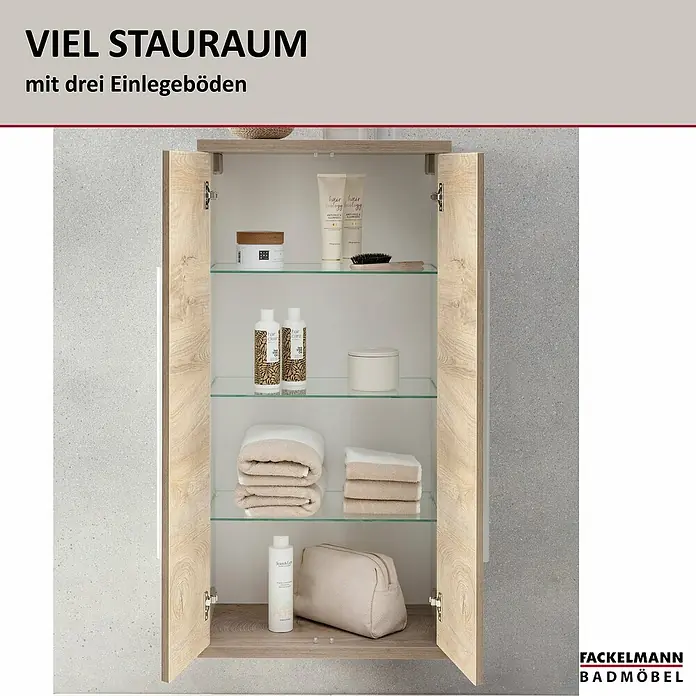 Fackelmann Stanford Bad-Midischrank - B x T x H: 502 x 320 x 1.060 mm, Nature Oak - Badezimmerschrank mit viel Stauraum und drei Einlegeböden zur Aufbewahrung von Badutensilien.
