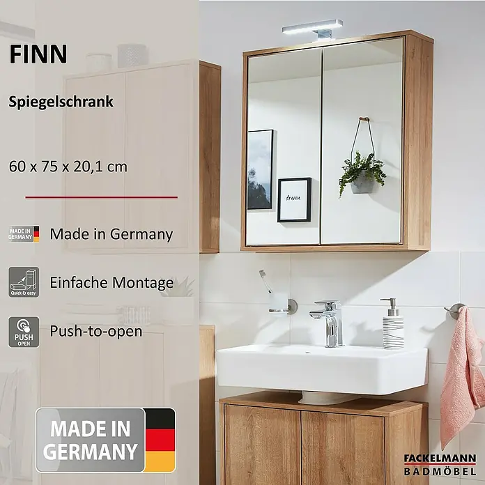 Fackelmann Finn Spiegelschrank - B x H: 600 x 750 mm, Ast-Eiche - Das Bild zeigt einen FINN Spiegelschrank in Holzoptik mit zwei Spiegeltüren über einem Waschbecken mit Unterschrank im Badezimmer.