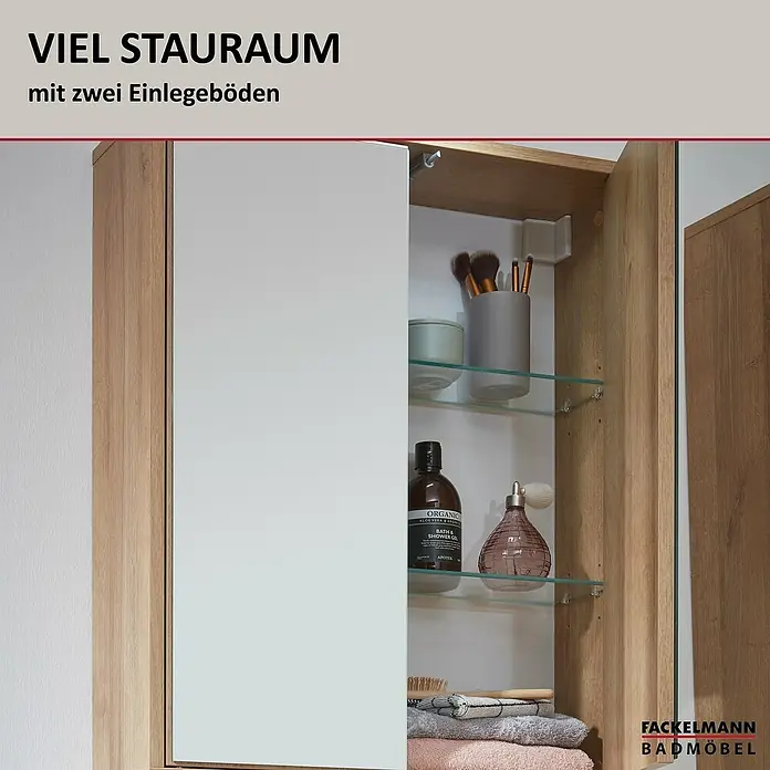 Fackelmann Finn Spiegelschrank - B x H: 600 x 750 mm, Ast-Eiche - Der Spiegelschrank bietet viel Stauraum mit zwei Einlegeböden für Badutensilien. Praktisch und stilvoll für jedes Badezimmer.
