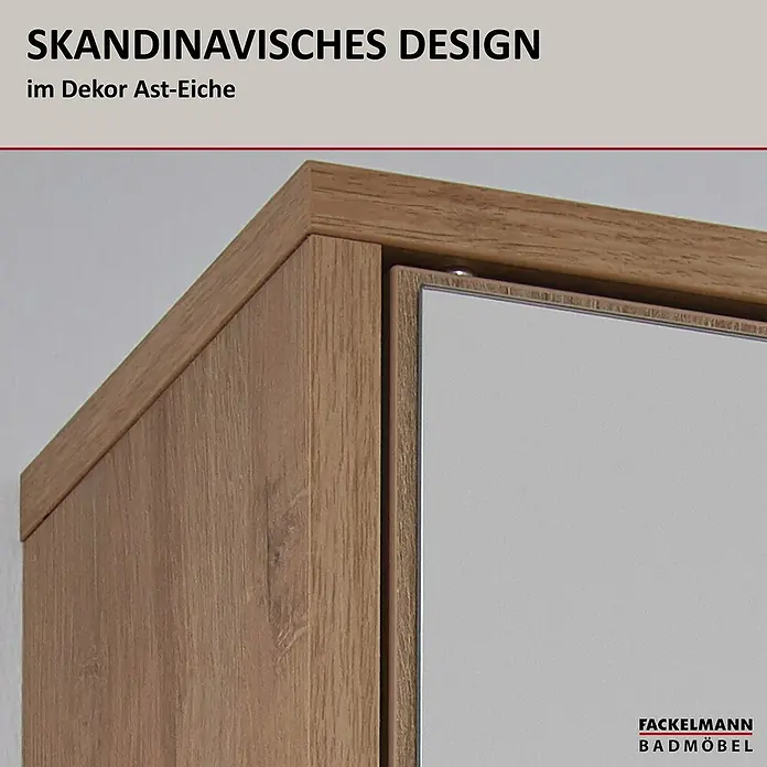 Fackelmann Finn Spiegelschrank - B x H: 600 x 750 mm, Ast-Eiche - Detailaufnahme eines Fackelmann Badmöbels im skandinavischen Design, Dekor Ast-Eiche. Modern und stilvoll für Ihr Badezimmer.