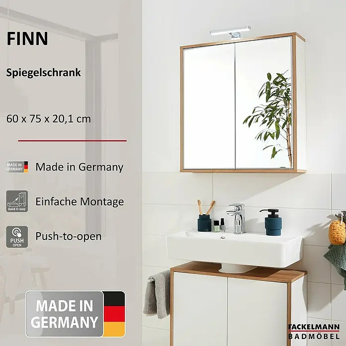 Fackelmann Finn Spiegelschrank - B x H: 600 x 750 mm, Ast-Eiche, Weiß - Produktbild eines FINN Spiegelschranks mit den Maßen 60 x 75 x 20,1 cm, der in Deutschland hergestellt wurde.