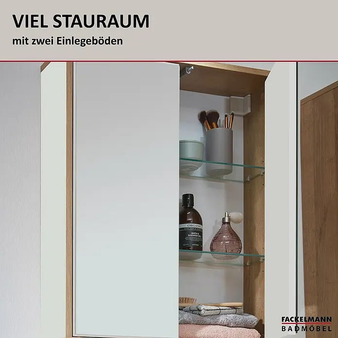 Fackelmann Finn Spiegelschrank - B x H: 600 x 750 mm, Ast-Eiche, Weiß - Ein Fackelmann Badezimmerschrank mit verspiegelter Tür und Innenregalen bietet viel Stauraum für Badutensilien.