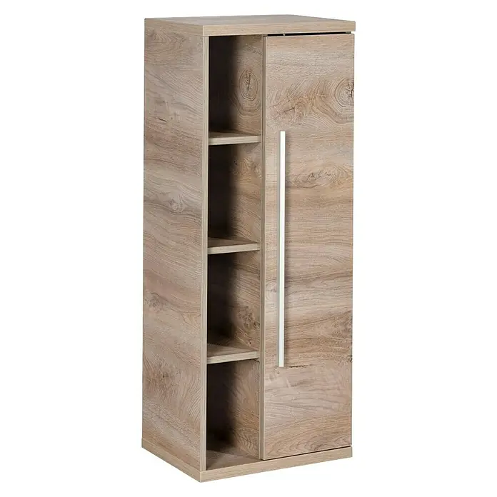 Fackelmann Stanford Bad-Midischrank - B x T x H: 418 x 320 x 1.060 mm, Nature Oak, Anschlag: rechts - Moderne Holzkommode mit offenen Regalen und einer Tür mit langem, senkrechtem Griff. Ideal für zusätzlichen Stauraum im Wohnbereich.