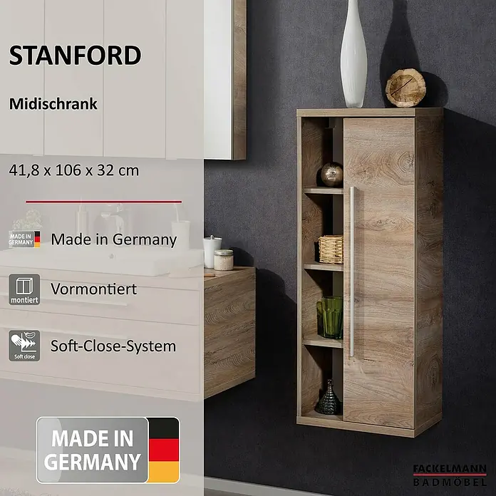 Fackelmann Stanford Bad-Midischrank - B x T x H: 418 x 320 x 1.060 mm, Nature Oak, Anschlag: rechts - Das Bild zeigt einen Stanford Midischrank in Holzoptik, der an einer grauen Wand montiert ist. Das Badezimmermöbel bietet Stauraum und ein Soft-Close-System.