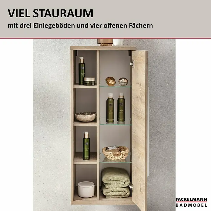 Fackelmann Stanford Bad-Midischrank - B x T x H: 418 x 320 x 1.060 mm, Nature Oak, Anschlag: rechts - Badezimmerschrank mit viel Stauraum, inklusive drei Einlegeböden und vier offenen Fächern für optimale Ordnung.