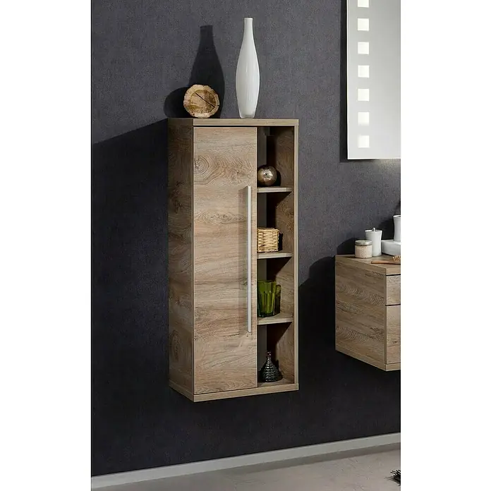Fackelmann Stanford Bad-Midischrank - B x T x H: 418 x 320 x 1.060 mm, Nature Oak, Anschlag: links - Stilvoller Hängeschrank aus Holz mit seitlichen Regalen und einer Schranktür. Perfekt für Badezimmer oder andere Wohnbereiche, um Stauraum zu schaffen.