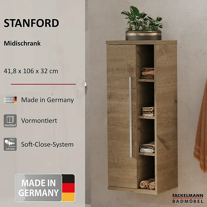 Fackelmann Stanford Bad-Midischrank - B x T x H: 418 x 320 x 1.060 mm, Nature Oak, Anschlag: links - Abbildung eines Stanford Midischranks in Holzoptik mit teilweise geöffneter Tür, inklusive Maße, Eigenschaften und Herstellerinformationen.