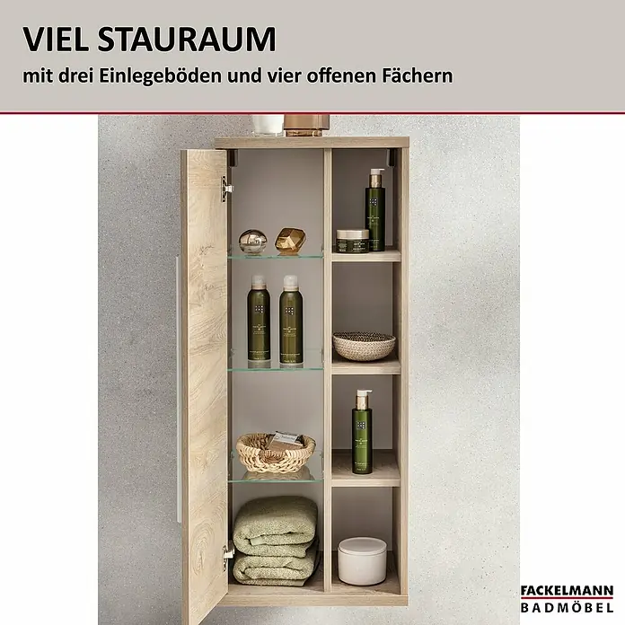 Fackelmann Stanford Bad-Midischrank - B x T x H: 418 x 320 x 1.060 mm, Nature Oak, Anschlag: links - Der Fackelmann Badmöbel-Hochschrank bietet mit drei Einlegeböden und vier offenen Fächern viel Stauraum für Ihr Badezimmer.