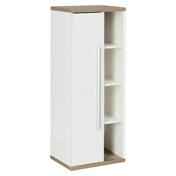 Fackelmann Stanford Bad-Midischrank - B x T x H: 418 x 320 x 1.060 mm, Nature Oak, Weiß, Anschlag: links - Elegantes weißes Regal mit einer Holzbeschichtung oben und unten. Das Regal verfügt über eine Tür mit einem langen, silbernen Griff und offenen Regalen.