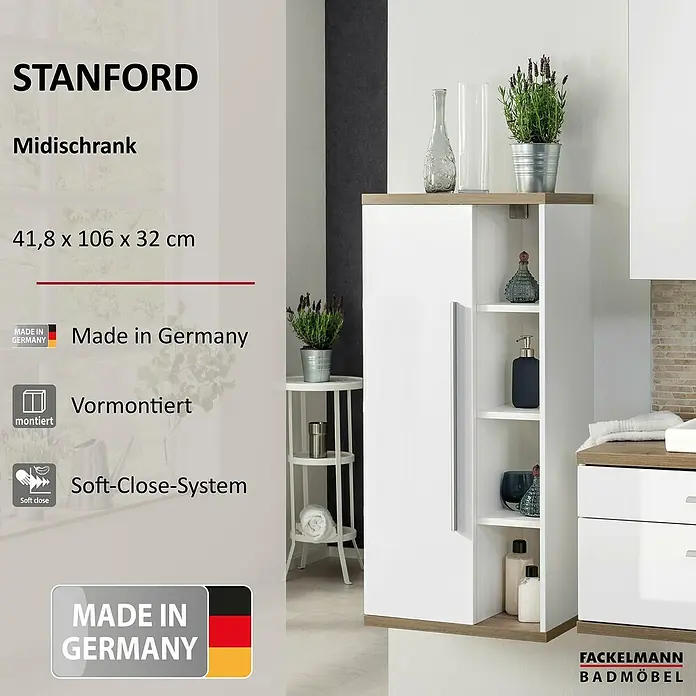 Fackelmann Stanford Bad-Midischrank - B x T x H: 418 x 320 x 1.060 mm, Nature Oak, Weiß, Anschlag: links - Abbildung eines STANFORD Midischranks in Weiß mit Holzdetails, ideal für Badezimmer, mit den Maßen 41,8 x 106 x 32 cm.