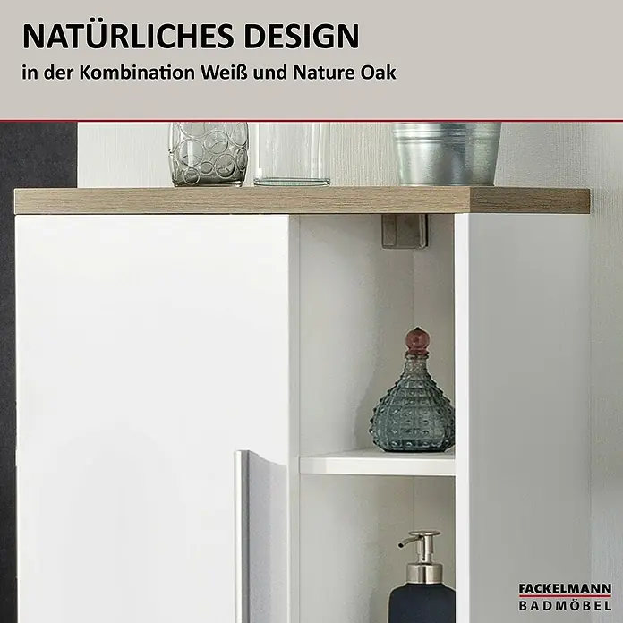 Fackelmann Stanford Bad-Midischrank - B x T x H: 418 x 320 x 1.060 mm, Nature Oak, Weiß, Anschlag: links - Badezimmermöbel mit Aufschrift „Natürliches Design in der Kombination Weiß und Nature Oak“.
