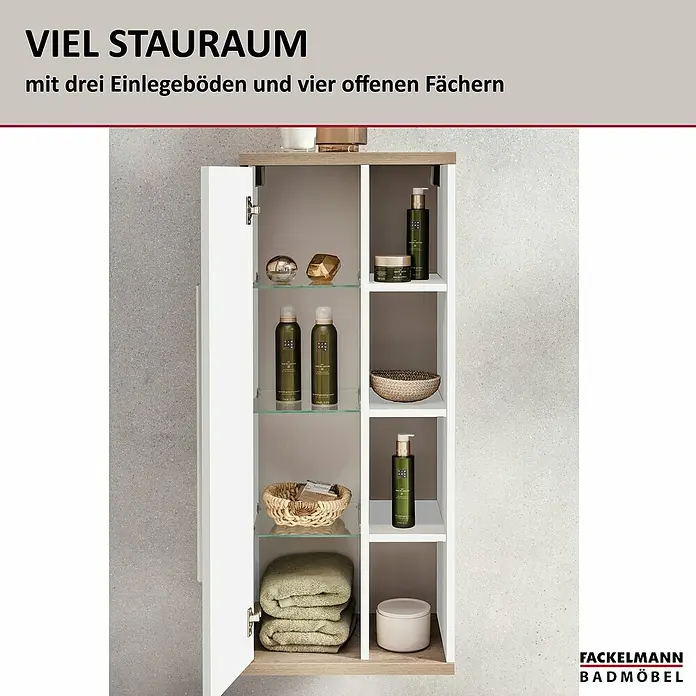 Fackelmann Stanford Bad-Midischrank - B x T x H: 418 x 320 x 1.060 mm, Nature Oak, Weiß, Anschlag: links - Ein geräumiger Badezimmerschrank in Weiß und Holzoptik mit Glasböden, der viel Stauraum für Badutensilien bietet.