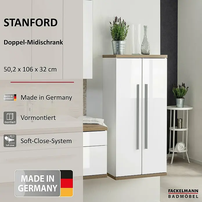 Fackelmann Stanford Bad-Midischrank - B x T x H: 502 x 320 x 1.060 mm, Nature Oak, Weiß - Abbildung eines Stanford Doppel-Midischranks in Weiß mit Holzdetails und Soft-Close-System.