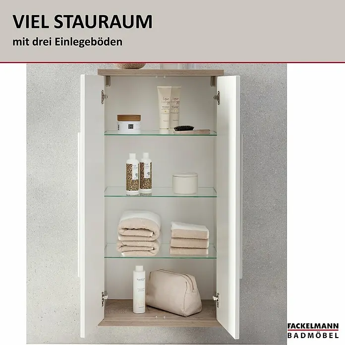 Fackelmann Stanford Bad-Midischrank - B x T x H: 502 x 320 x 1.060 mm, Nature Oak, Weiß - Badezimmerschrank mit viel Stauraum und drei Einlegeböden. Der Fackelmann Badmöbel bietet optimalen Platz für Badutensilien.