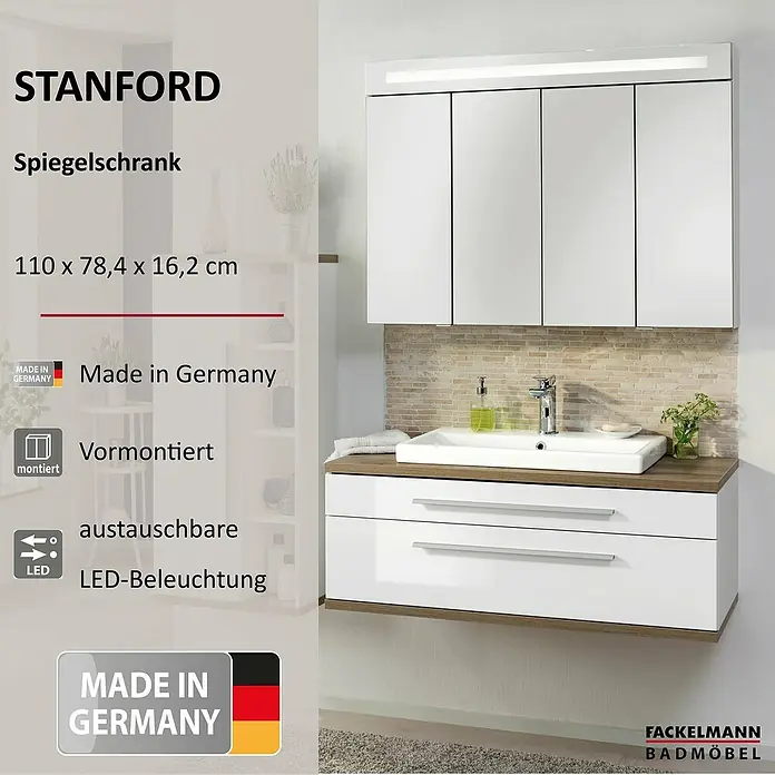 Fackelmann Stanford Spiegelschrank - B x H: 1.100 x 784 mm, Weiß - Das Bild zeigt einen modernen STANFORD Spiegelschrank mit LED-Beleuchtung und Waschbeckenunterschrank für ein stilvolles Badezimmer.