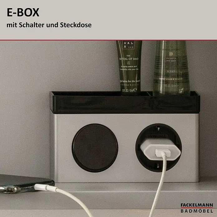 Fackelmann Stanford Spiegelschrank - B x H: 1.100 x 784 mm, Weiß - E-Box für Badezimmermöbel mit Schalter und Steckdose, ideal zum Aufladen von Geräten und zur Aufbewahrung von Badutensilien. Praktisch und stilvoll.