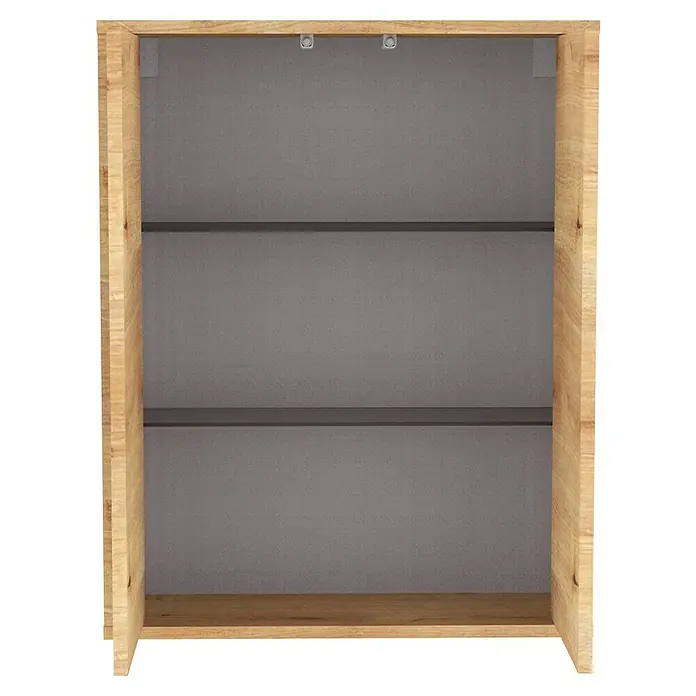 Fackelmann Finn Bad-Hängeschrank - B x T x H: 600 x 201 x 750 mm, Ast-Eiche - Abbildung eines offenen Holzregals mit zwei Fachböden und einer grauen Rückwand.