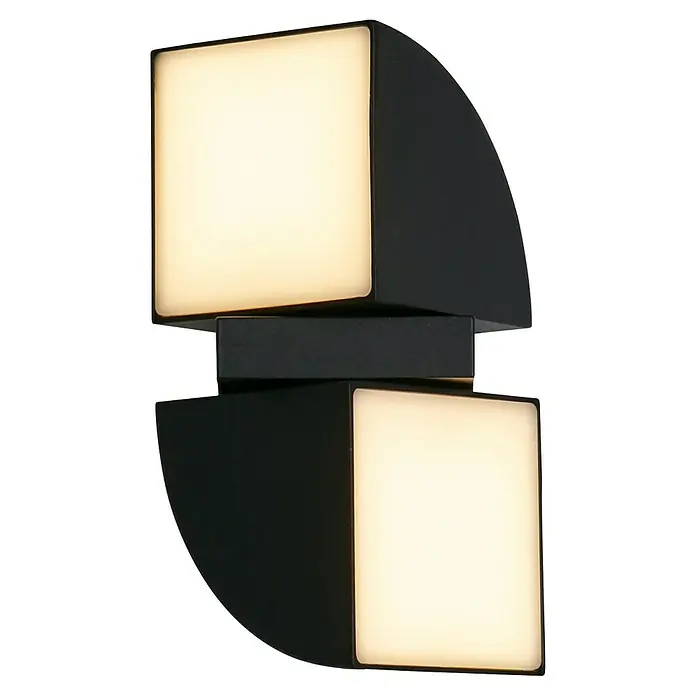 Searchlight LED-Außenwandleuchte Dakota - 8 W, 12 x 12 x 20,5 cm, Schwarz, IP44 - Elegante, moderne Wandleuchte mit zwei quadratischen Lichtelementen und schwarzen Akzenten für stilvolle Beleuchtung.