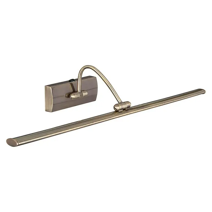 Searchlight LED-Bilderleuchte Barcelona - 10 W, L x B x H: 38 x 11 x 11 cm, Messing - Nahaufnahme einer antiken Gold-Bilderleuchte mit einem verstellbaren Arm und einer rechteckigen Montageplatte.