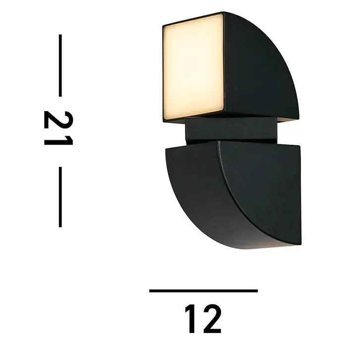 Searchlight LED-Außenwandleuchte Dakota - 8 W, 12 x 12 x 20,5 cm, Schwarz, IP44 - Nahaufnahme einer modernen schwarzen Wandleuchte mit geometrischen Formen und warmem Lichtschein. Die Leuchte hat die Maße 21 cm Höhe und 12 cm Breite.
