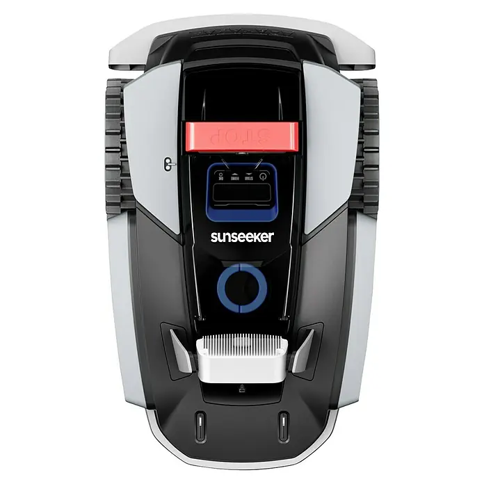Sunseeker Mähroboter-Set V3 inkl. Garage - 600 m², Schnittbreite: 18 cm, Kamera-gestützte Navigation - Draufsicht eines Sunseeker-Rasenroboters mit Bedienelementen, Stopptaste und Mähkamm.