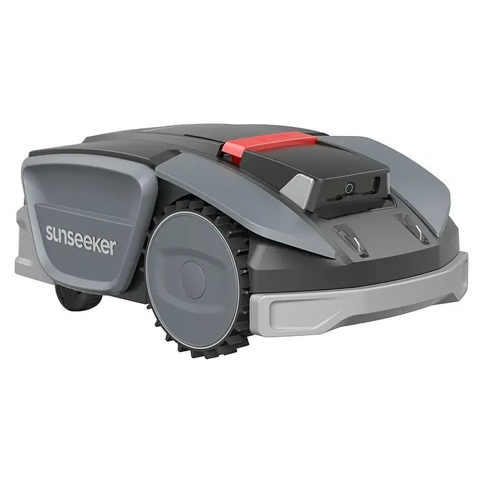 Sunseeker Mähroboter S3 - 800 m², Schnittbreite: 18 cm, Kamera-gestützte Navigation, RTK - Bild eines "Sunseeker" Rasenmähroboters. Das Gerät ist in Grau und Schwarz gehalten, mit einem roten Akzent.