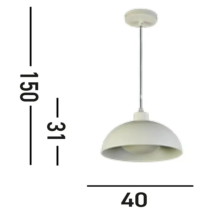Searchlight Pendelleuchte Mars - 60 W, L x B x H: 40 x 40 x 25,5 cm, Creme, E27 - Nahaufnahme einer Pendelleuchte mit weißen Schirm und den Maßen 150 cm Höhe, 31 cm Schirmhöhe und 40 cm Schirmbreite.