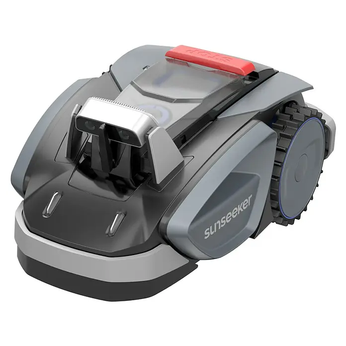 Sunseeker Mähroboter-Set V3 inkl. Garage - 600 m², Schnittbreite: 18 cm, Kamera-gestützte Navigation - Das Bild zeigt einen Sunseeker-Mähroboter in Grau und Schwarz, mit rotem Stoppknopf.