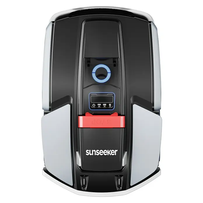 Sunseeker Mähroboter S3 - 800 m², Schnittbreite: 18 cm, Kamera-gestützte Navigation, RTK - Das Bild zeigt einen Sunseeker-Mähroboter. Das Gerät ist schwarz mit grauen Akzenten und einem roten Stopp-Knopf.