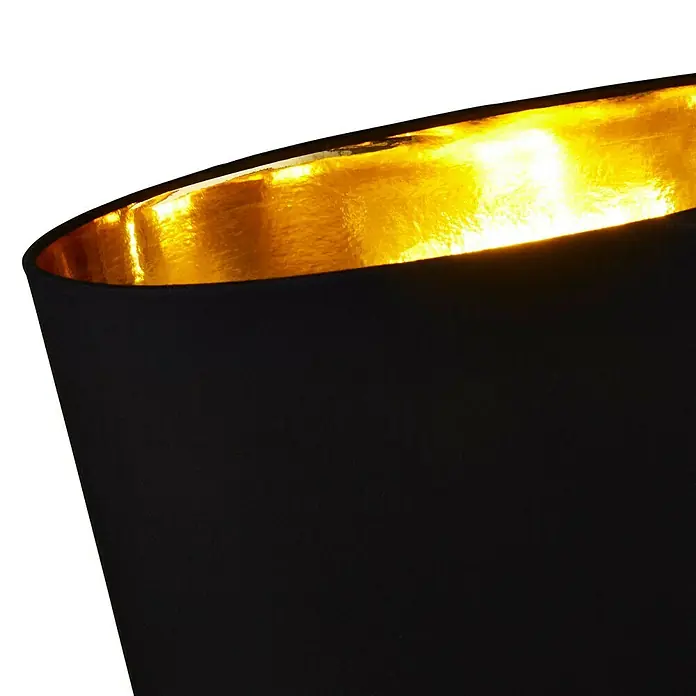 Searchlight Tischleuchte Chloe - 60 W, L x B x H: 32,5 x 18,5 x 58,5 cm, Schwarz/ Gold, E27 - Nahaufnahme einer schwarzen Lampe mit goldener Innenseite, die ein warmes Licht ausstrahlt.