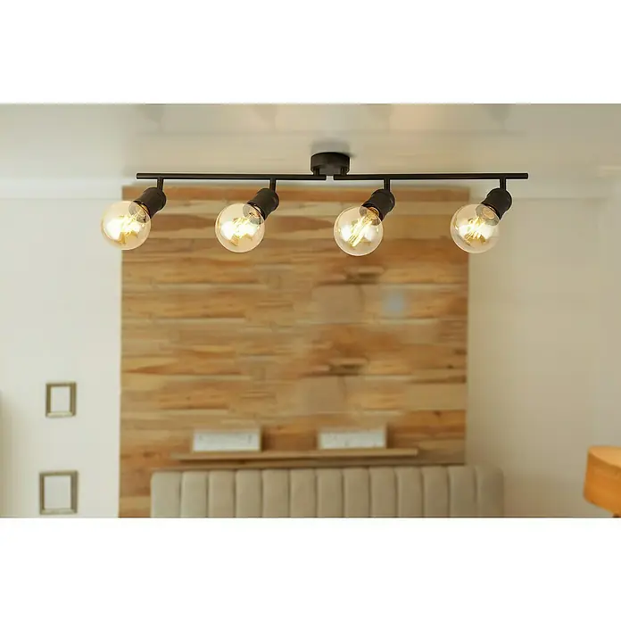Searchlight Deckenstrahler Dance - 60 W, L x B x H: 79 x 8 x 16 cm, Schwarz, E27 - Deckenleuchte mit vier Glühbirnen und verstellbaren Spots, die ein warmes Licht verbreiten. Das minimalistische Design passt zu verschiedenen Einrichtungsstilen.