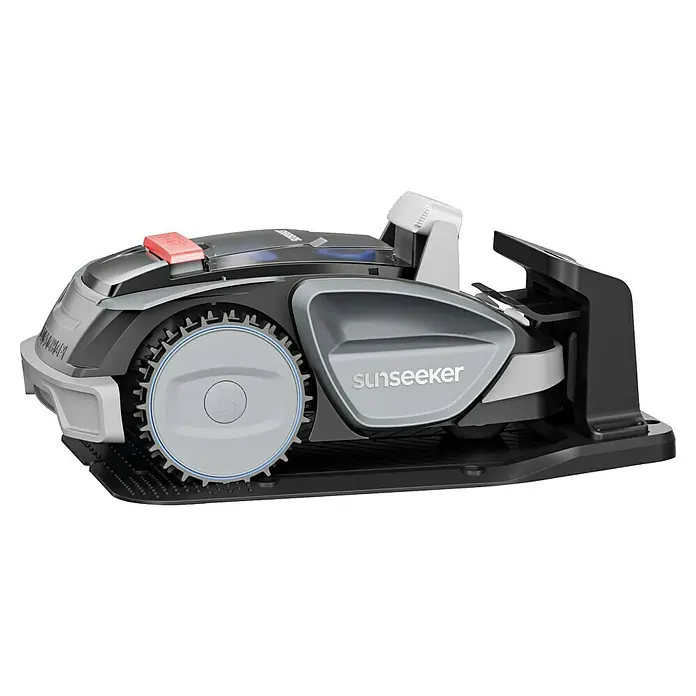 Sunseeker Mähroboter-Set V3 inkl. Garage - 600 m², Schnittbreite: 18 cm, Kamera-gestützte Navigation - Das Bild zeigt einen Sunseeker Mähroboter, der durch sein modernes Design und seine Funktionalität besticht.
