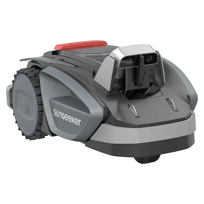 Sunseeker Mähroboter-Set V3 inkl. Garage - 600 m², Schnittbreite: 18 cm, Kamera-gestützte Navigation - Nahaufnahme eines Sunseeker-Mähroboters, der moderne Technologie und Effizienz für die Rasenpflege vereint.