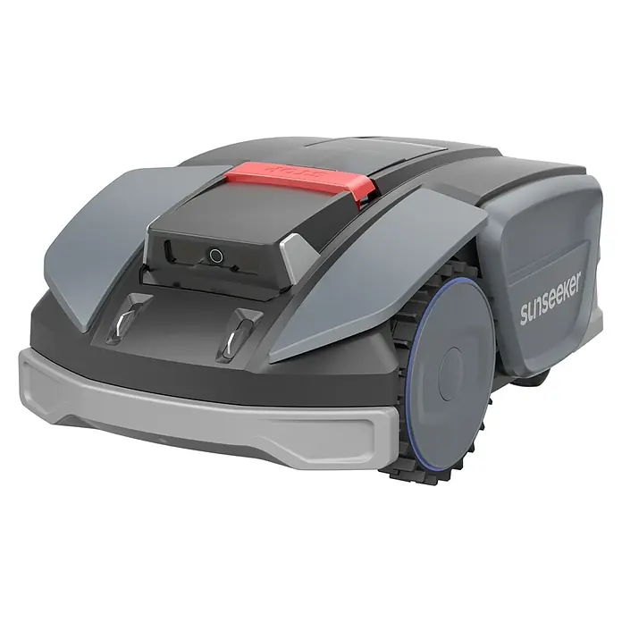 Sunseeker Mähroboter S3 - 800 m², Schnittbreite: 18 cm, Kamera-gestützte Navigation, RTK - Produktbild eines grauen "Sunseeker" Rasenmähroboters mit rotem Knopf. Er ist für die automatische Rasenpflege konzipiert.