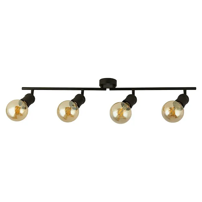 Searchlight Deckenstrahler Dance - 60 W, L x B x H: 79 x 8 x 16 cm, Schwarz, E27 - Eine Nahaufnahme einer schwarzen Lampe mit vier Leuchten und warmen Glühbirnen, die eine angenehme Atmosphäre schaffen.