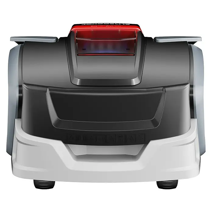 Sunseeker Mähroboter S3 - 800 m², Schnittbreite: 18 cm, Kamera-gestützte Navigation, RTK - Nahaufnahme eines Mähroboters mit grauer und roter Oberseite auf einem schwarzen Hintergrund.