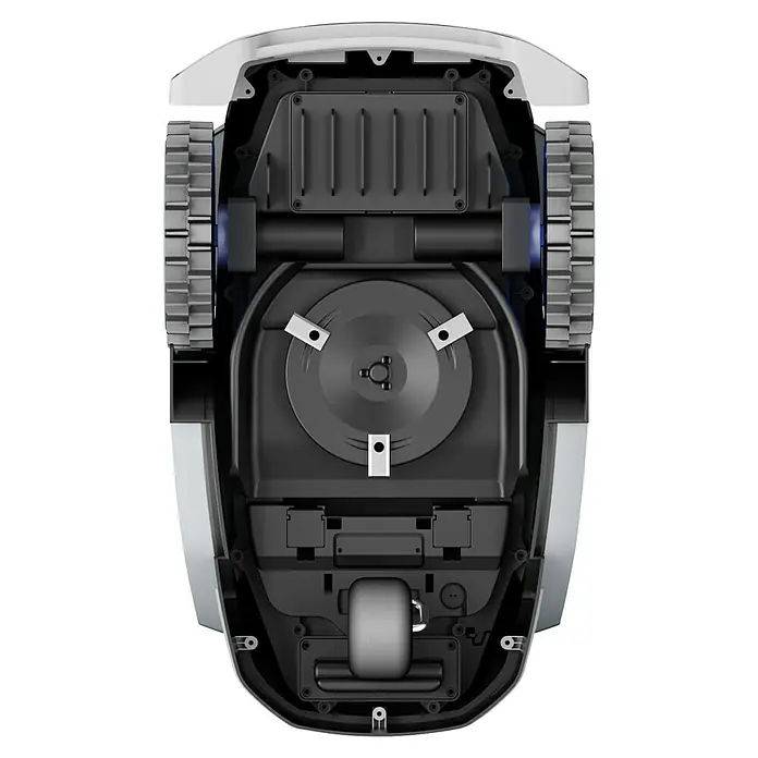 Sunseeker Mähroboter-Set V3 inkl. Garage - 600 m², Schnittbreite: 18 cm, Kamera-gestützte Navigation - Unterseite eines Robotermähers mit sichtbaren Klingen und Rädern.