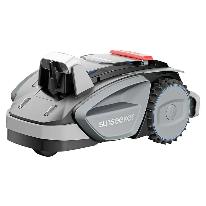 Sunseeker Mähroboter-Set V3 inkl. Garage - 600 m², Schnittbreite: 18 cm, Kamera-gestützte Navigation - Bild eines Sunseeker Robotermähers. Der Roboter hat einen grauen Korpus, schwarze Akzente, einen roten Knopf und profilierte Räder.