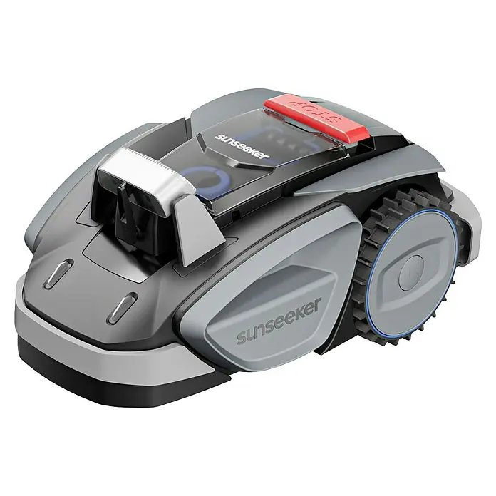 Sunseeker Mähroboter-Set V3 inkl. Garage - 600 m², Schnittbreite: 18 cm, Kamera-gestützte Navigation - Ein stilvoller Sunseeker-Mähroboter in Grau und Schwarz, der moderne Technologie und effiziente Rasenpflege vereint.