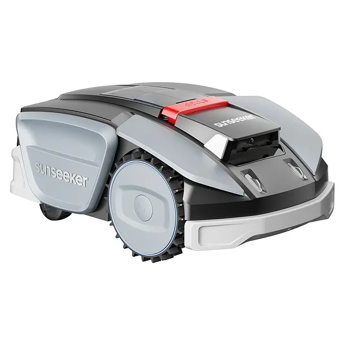 Sunseeker Mähroboter S3 - 800 m², Schnittbreite: 18 cm, Kamera-gestützte Navigation, RTK - Abbildung eines "Sunseeker" Rasenmähroboters in Grau- und Schwarztönen mit roter Stopptaste, der modernes Design und Funktionalität vereint.