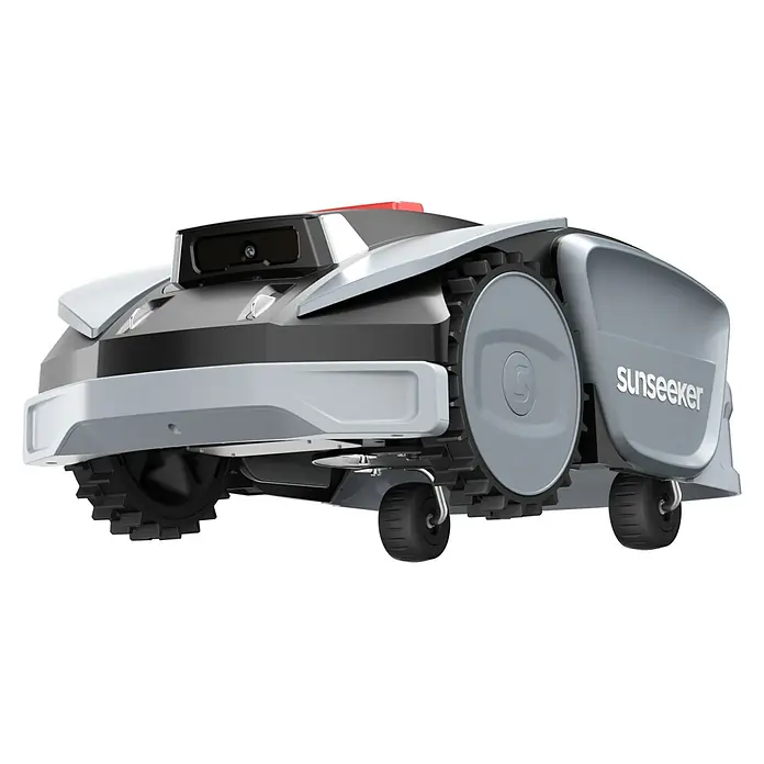 Sunseeker Mähroboter S3 - 800 m², Schnittbreite: 18 cm, Kamera-gestützte Navigation, RTK - Das Bild zeigt einen Sunseeker-Rasenmäherroboter in Grau und Schwarz. Er verfügt über ein robustes Design mit Raupenantrieb.