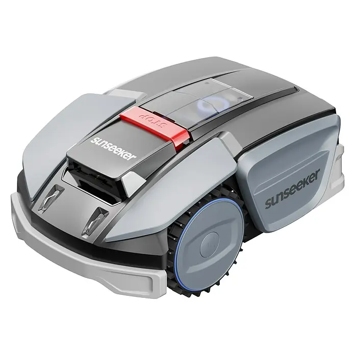 Sunseeker Mähroboter S3 - 800 m², Schnittbreite: 18 cm, Kamera-gestützte Navigation, RTK - Nahaufnahme eines Sunseeker-Mähroboters, der modernes Design und Funktionalität für die Rasenpflege vereint.